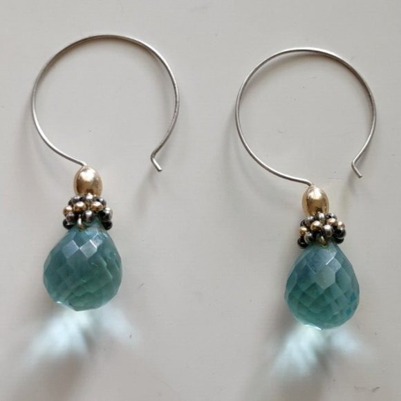 Teardrop Cut Aqua Glass Silver Hoop Dangle Earrings Approximately 2" tall - Picture 7 of 7